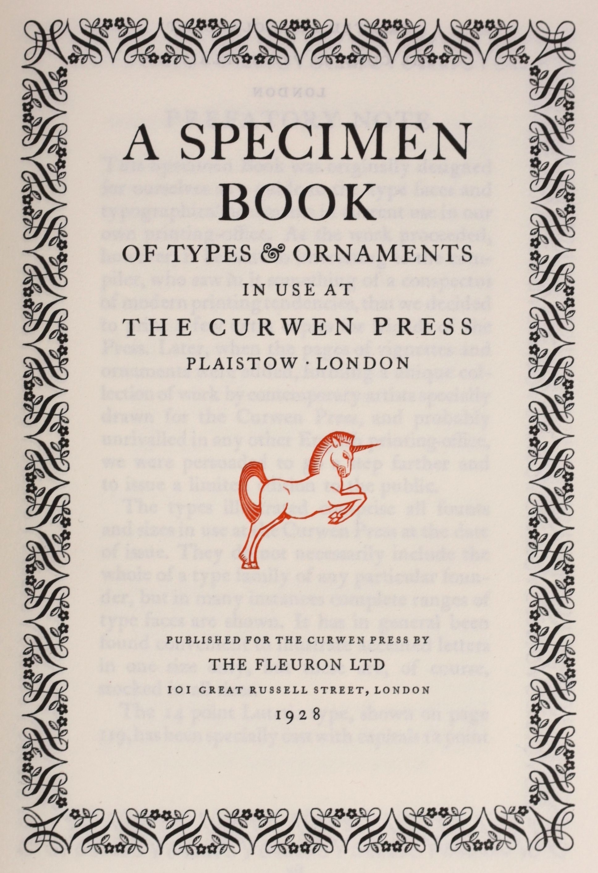 The Curwen Press - A Specimen Book of Types & Ornaments. 1st and limited ed. one of 135. Adorned with illustrated plates on type faces and numerous vignettes, many in colour. Morocco with panelled spine and gilt letters